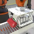 Industrial Robotic Arm With Yellow Safety Fence Handling Packaged Goods On Conveyor Belt