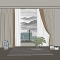 Elegant Double Layer Curtains Beige Brown With White Sheer Mountain Pattern Window Bonsai Decor 3d model