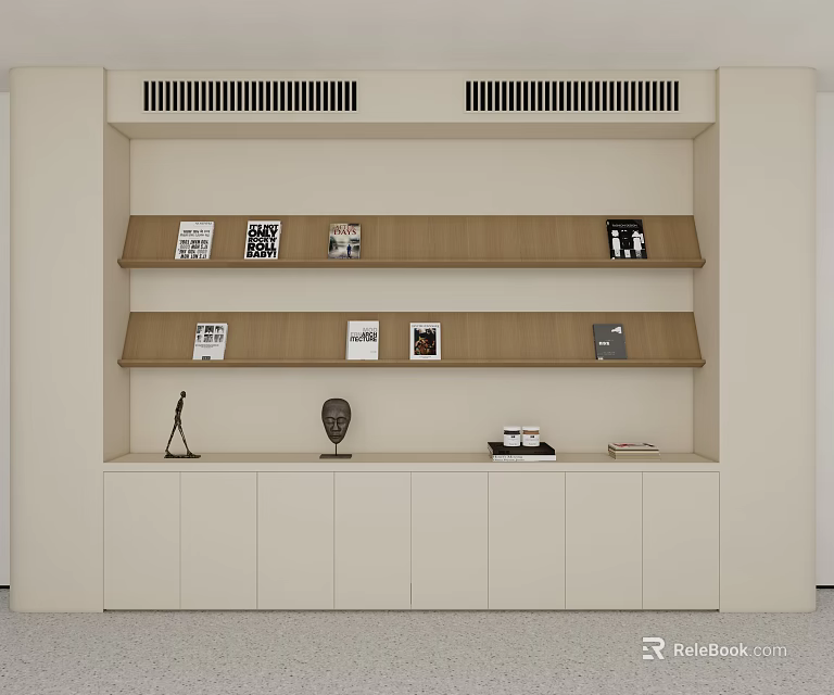 Modern Bookcase Interior Design With Wooden Shelves White Cabinet Base Decorative Items And Books 3d model 