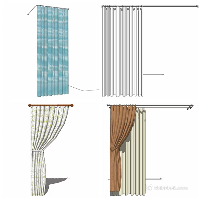 Various Colored Curtains With Patterns And Window Rod Hanging Styles 3d model 