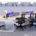 Modern Office Desk With Dual Monitors Black Office Chairs Dividers Small Potted Plants And Drawers