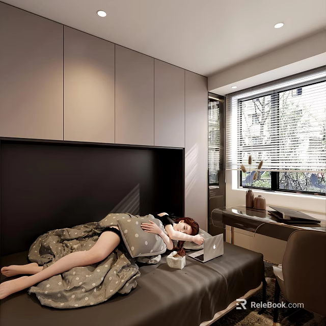 Woman Lying On Sofa Bed With Patterned Blanket Next To Laptop And Grey Cabinets 3d model 
