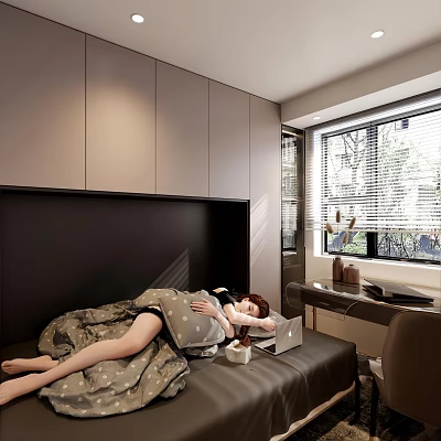 Woman Lying On Sofa Bed With Patterned Blanket Next To Laptop And Grey Cabinets 3d model