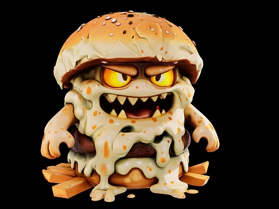 Cartoon Monster Burger With Angry Eyes Sharp Teeth Melted Sauce Arms Surrounded By Crispy Fries 3d model