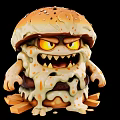 Cartoon Monster Burger With Angry Eyes Sharp Teeth Melted Sauce Arms Surrounded By Crispy Fries