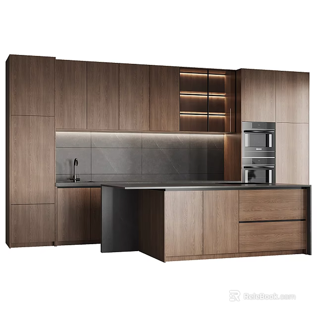 Modern Kitchen With Wooden Cabinets Island Counter Sink Appliances And Lighting Strips 3d model 