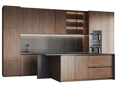 Modern Kitchen With Wooden Cabinets Island Counter Sink Appliances And Lighting Strips 3d model