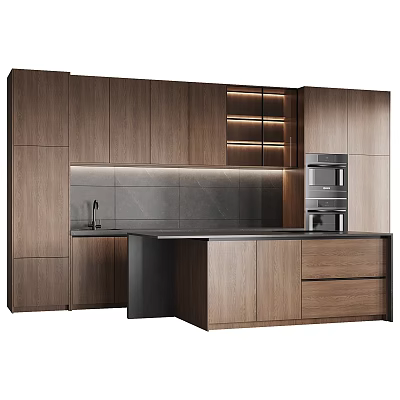 Modern Kitchen With Wooden Cabinets Island Counter Sink Appliances And Lighting Strips 3d model