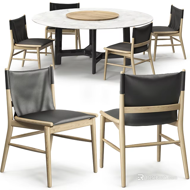 Modern Dining Table Set With Round Top And Wooden Frame Black Leather Chairs 3d model
