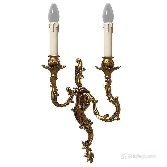 Classic Golden Wall Sconce With Double Candle Holders And Ornate Carvings Design 3d model 