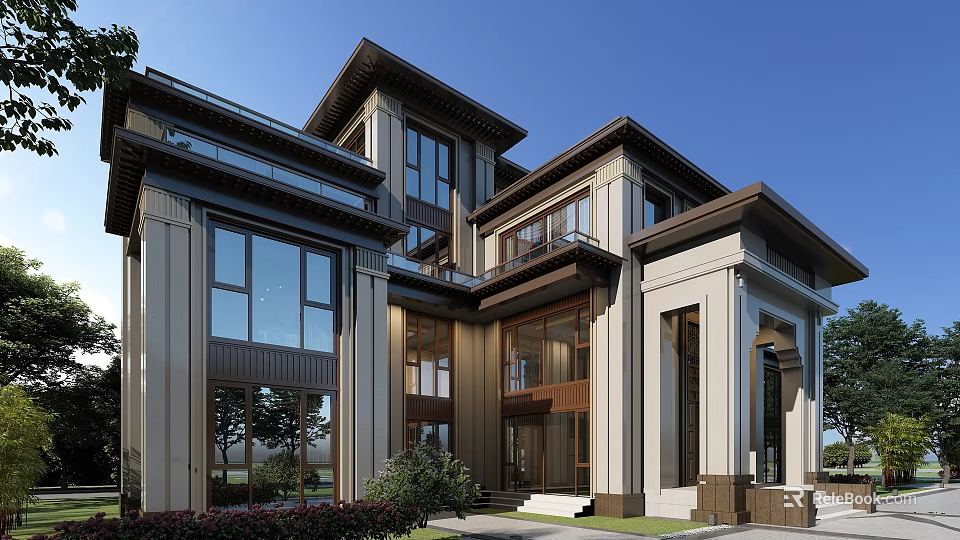 Modern Two Story Detached Villa With Large Windows Columns Front Porch And Greenery Surroundings 3d model 
