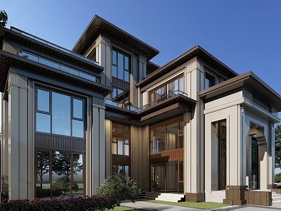 Modern Two Story Detached Villa With Large Windows Columns Front Porch And Greenery Surroundings 3d model