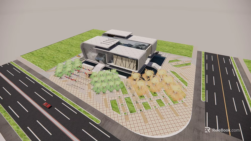 Modern Architectural Building Exterior With Green Landscaping Surrounding Trees And Road 3d model 