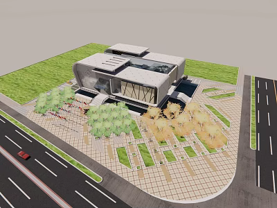 Modern Architectural Building Exterior With Green Landscaping Surrounding Trees And Road 3d model