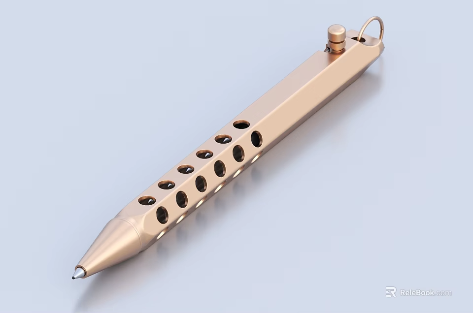 Rose Gold Metallic Pen with Multiple Circular Holes Top Ring and Sharp Nib 3d model 