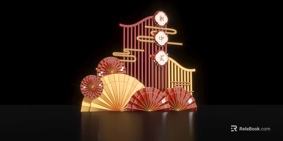 Traditional Chinese Style Decorative Design with Red Gold Fans and Calligraphy Characters 3d model 