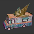 Vintage Ice Cream Truck With Orange Blue Exterior And Giant Ice Cream Cone Top