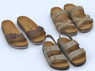 Casual Open Toe Brown Beige Sandals With Cork Sole And Leather Buckle Straps 3d model