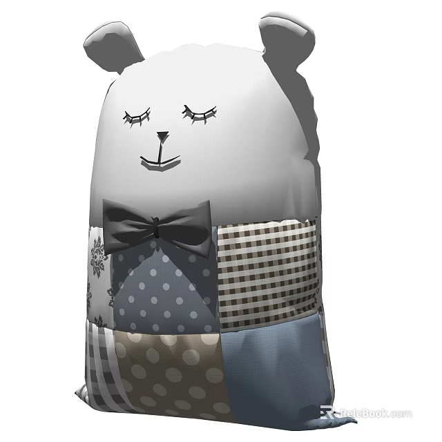 Cute Bear Shaped Decorative Pillow With Closed Eyes Bowknot And Patchwork Patterns 3d model 