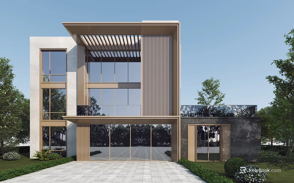 Modern Two Story Detached Villa With Large Glass Windows Wooden Louver And Green Plants 3d model 