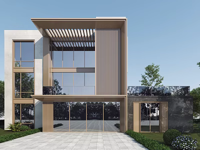 Modern Two Story Detached Villa With Large Glass Windows Wooden Louver And Green Plants 3d model