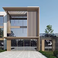 Modern Two Story Detached Villa With Large Glass Windows Wooden Louver And Green Plants