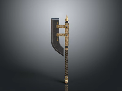Medieval Battle Axe With Black Blade Golden Accents And Intricate Shaft Design 3d model