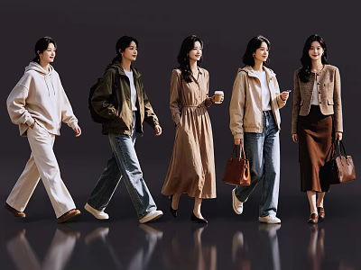Group of Women Walking in Various Stylish Outfits with Bags and Coffee 3d model