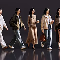 Group of Women Walking in Various Stylish Outfits with Bags and Coffee