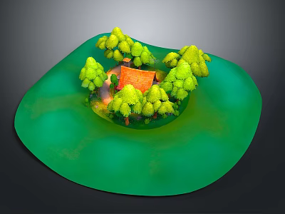 Lush Green Natural Landscape With Small Orange Roof House And Surrounding Trees 3d model