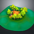 Lush Green Natural Landscape With Small Orange Roof House And Surrounding Trees