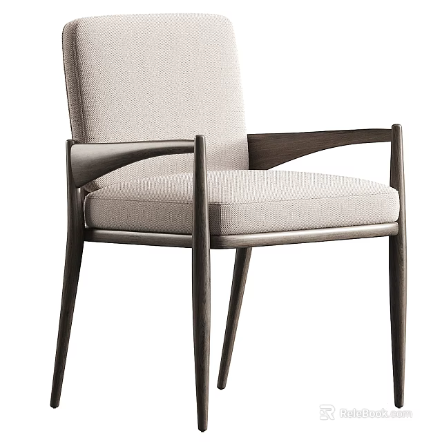 Modern Dining Chair With Upholstered Seat Wooden Arms And Light Tone Fabric 3d model 