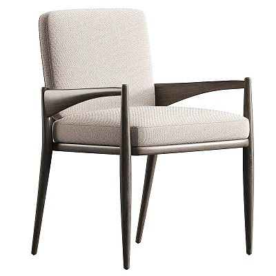 Modern Dining Chair With Upholstered Seat Wooden Arms And Light Tone Fabric 3d model
