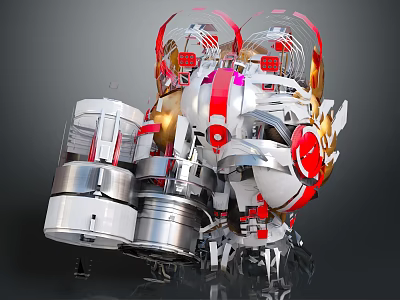 Futuristic Mechanical Creature With Red White Silver Metallic Components And Transparent Structural Design 3d model