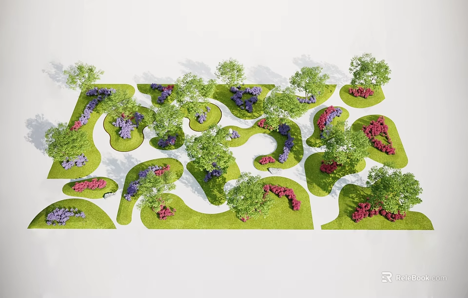 Landscape Design Model with Green Grass Irregular Shapes Trees and Purple Pink Flower Clusters 3d model 