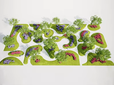Landscape Design Model with Green Grass Irregular Shapes Trees and Purple Pink Flower Clusters 3d model