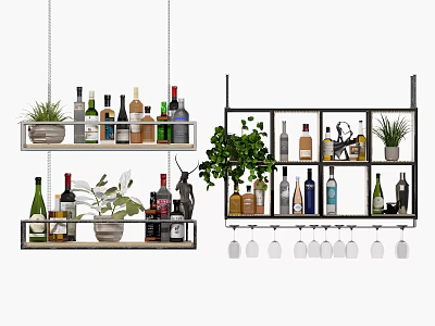Stylish Hanging Wine Cabinet With Multi tiered Shelves Wine Bottles Green Plants And Wine Glasses 3d model
