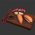 Appetizing Japanese Sushi Platter With Salmon Octopus Chopsticks And Soy Sauce On Wooden Tray