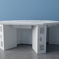 Octagonal White Office Desk With Three Laptops Displaying Windows Interface Drawers And Ventilation Holes
