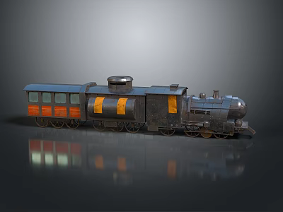 Vintage Steam Train With One Carriage Black Body Orange Yellow Stripes Grey Background Reflective Effect 3d model