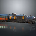 Vintage Steam Train With One Carriage Black Body Orange Yellow Stripes Grey Background Reflective Effect