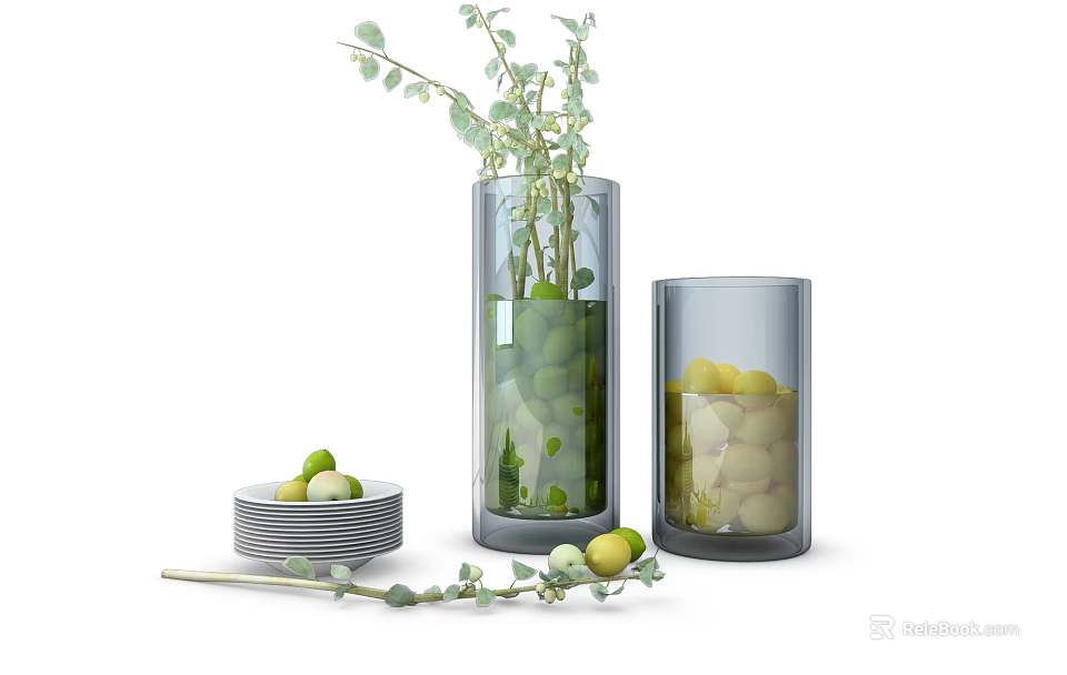 Modern Ceramic Vessels Set Featuring Vases Bowl Green Plants And Fresh Fruits Decoration 3d model 