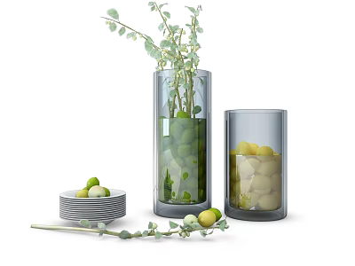 Modern Ceramic Vessels Set Featuring Vases Bowl Green Plants And Fresh Fruits Decoration 3d model