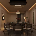 Chinese Style Private Dining Room Interior With Round Table Chairs And Calligraphy Scrolls 3d model