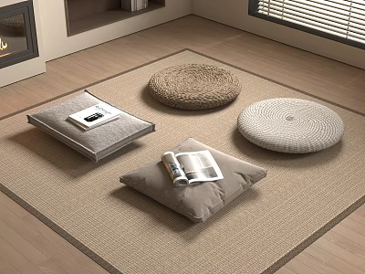 Cozy Room Floor Setup With Woven Mats And Cushions Holding Magazines 3d model