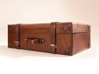 Brown Leather Vintage Trunk With Straps Metal Buckles And Handle 3d model