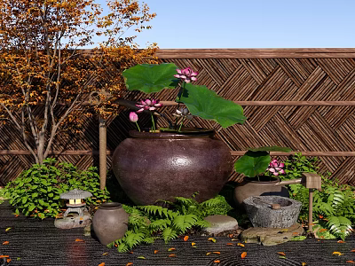Zen Garden With Large Clay Pot Lotus Flowers Leaves Bamboo Fence Stone Lantern 3d model