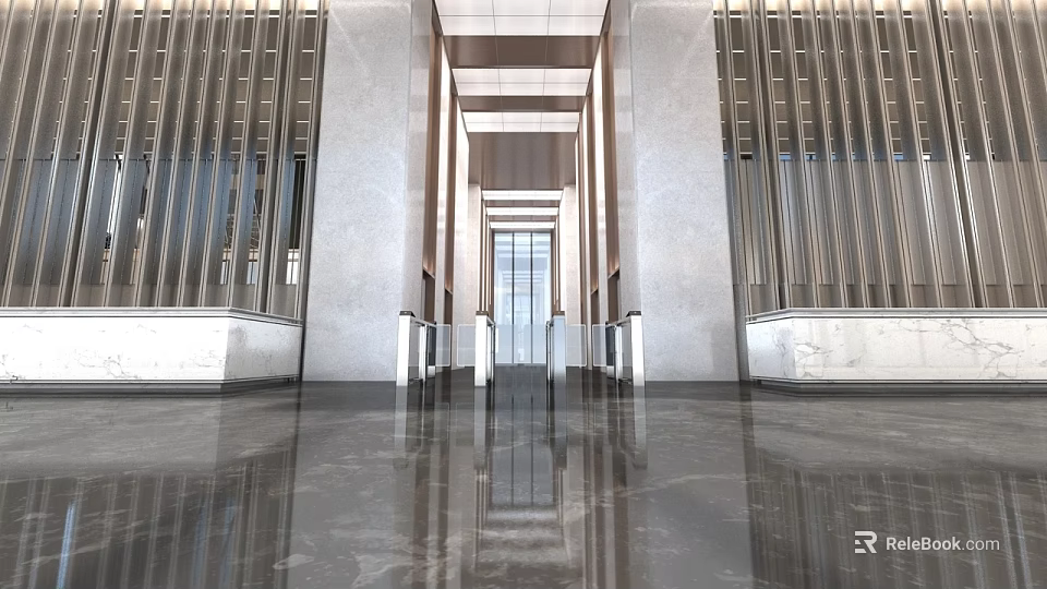 Modern Hotel Lobby Interior With Spacious Design Marble Floor And Metal Strip Walls 3d model 