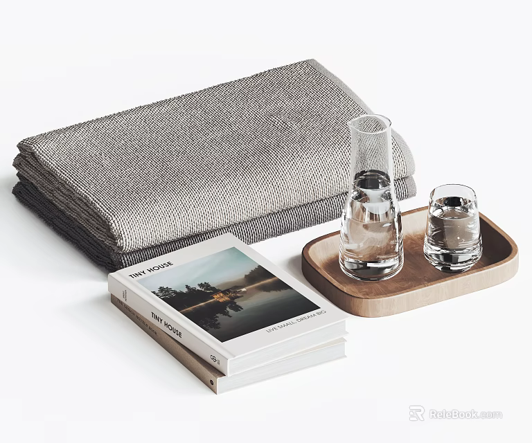 Decorative Ornament Combination With Gray Blanket Wooden Tray Glass Vase Cup And Book 3d model 