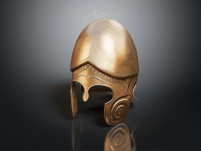 Golden Vintage Helmet Sculpture With Detailed Carving Patterns And Reflective Base 3d model